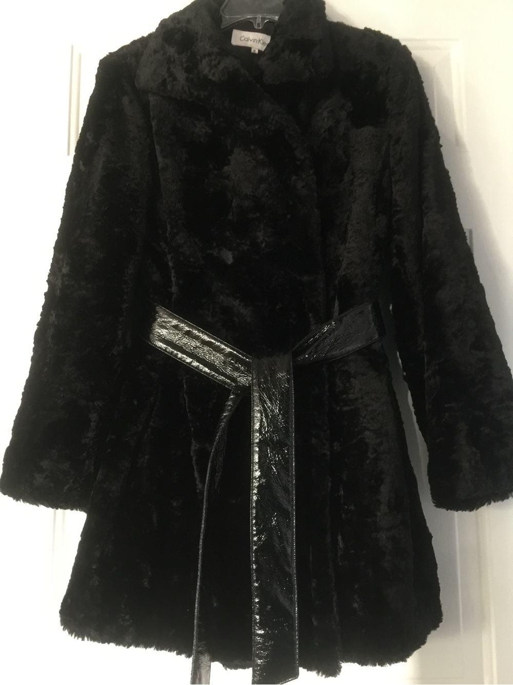 Calvin Klein Black Faux Fur Wrap Coat with Glossy Black Belt